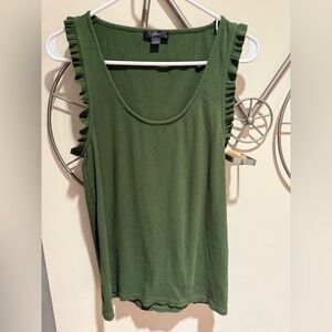 J. Crew Olive Green Ribbed Ruffle Tank Cotton Blend Size L